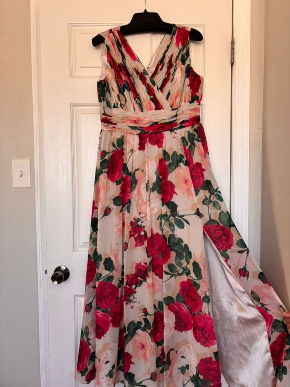 Calvin Klein Cream Maxi Dress with Red Rose Print